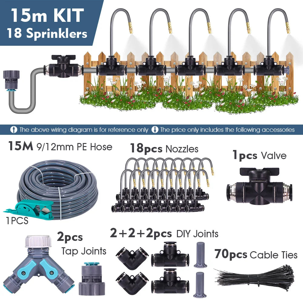 3/8" 9/12mm Misting Cooling System 360° Free-Bend Nozzle Atomizer Sprayer PE Hose 80 Mesh Filter Garden Irrigation Watering Kit