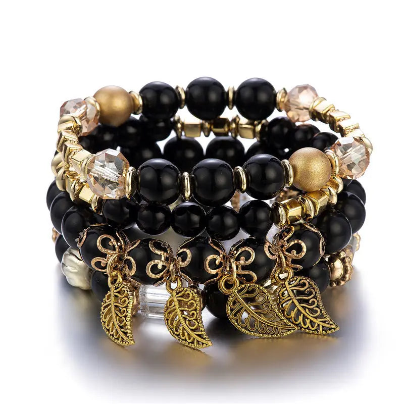 4Pcs Fashion Stone Beads Bracelets Set For Women Retro Gold Color Leaves Charm Beaded Chain Handmade Bangle Boho Jewelry