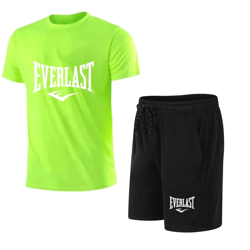 Men's T-shirt + Shorts 2-piece Set - Comfortable and Breathable Short-Sleeved Sporty Running Fitness Brand Printed Clothing