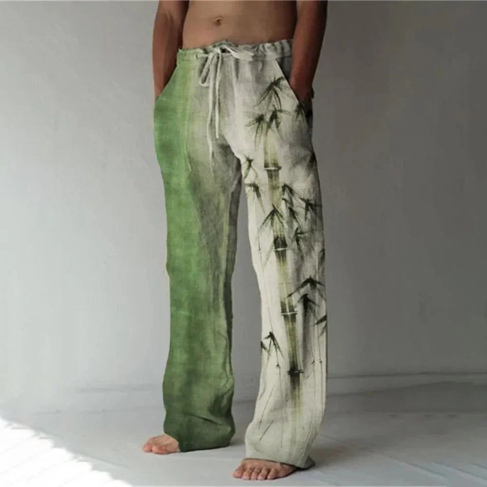 Loose And Casual men's New Bamboo Leaf 3D Printed sweatpants, Versatile And Fashionable Pocket Drawstring Sports Pants