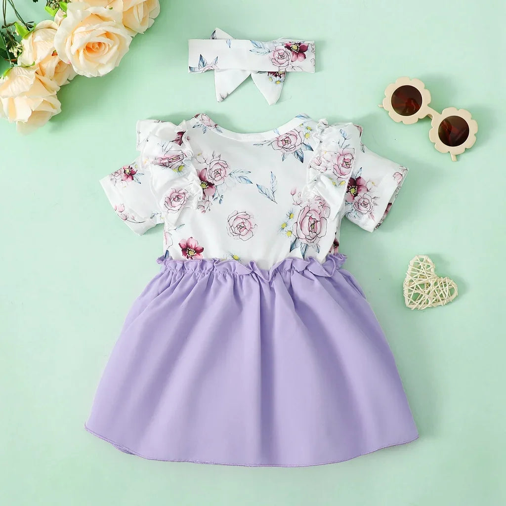 2PCS Baby Girl Floral Ruffle Short Sleeve Dress+Headwear Fashion Birthday Party Dress Summer Wear for Toddler Girl 0-3 Years