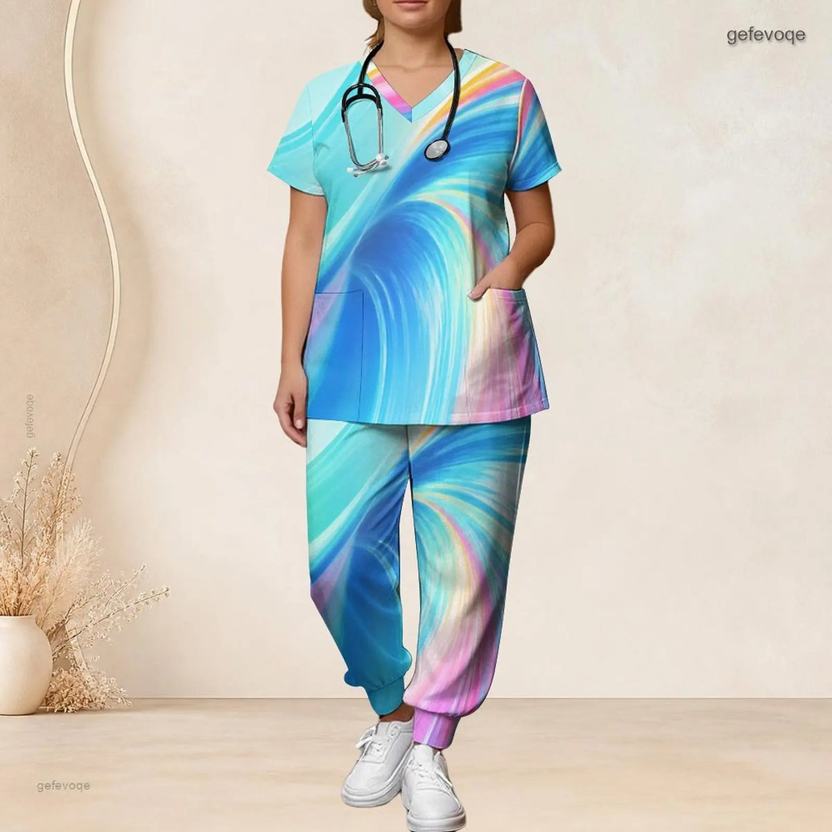 Printed Scrub Set for Women V Neck Short Sleeve Pocket Top Long Pants Two Piece