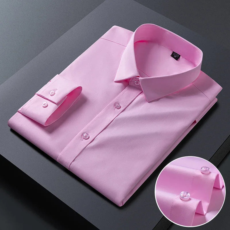 Spring Autumn Men Long Sleeve Shirts Business Casual Wrinkle Resistant Solid Color Formal Dress Slim Fit Work Social Shirt S-8XL