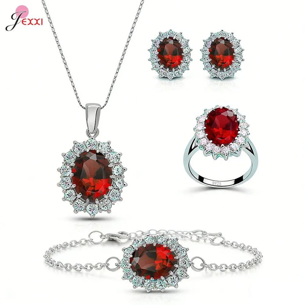 4Pcs Luxury Jewelry Set For Women Oval Cut Red Blue Purple Green Zircon Necklace Earrings Bracelet Ring 925 Silver Fashion Gift