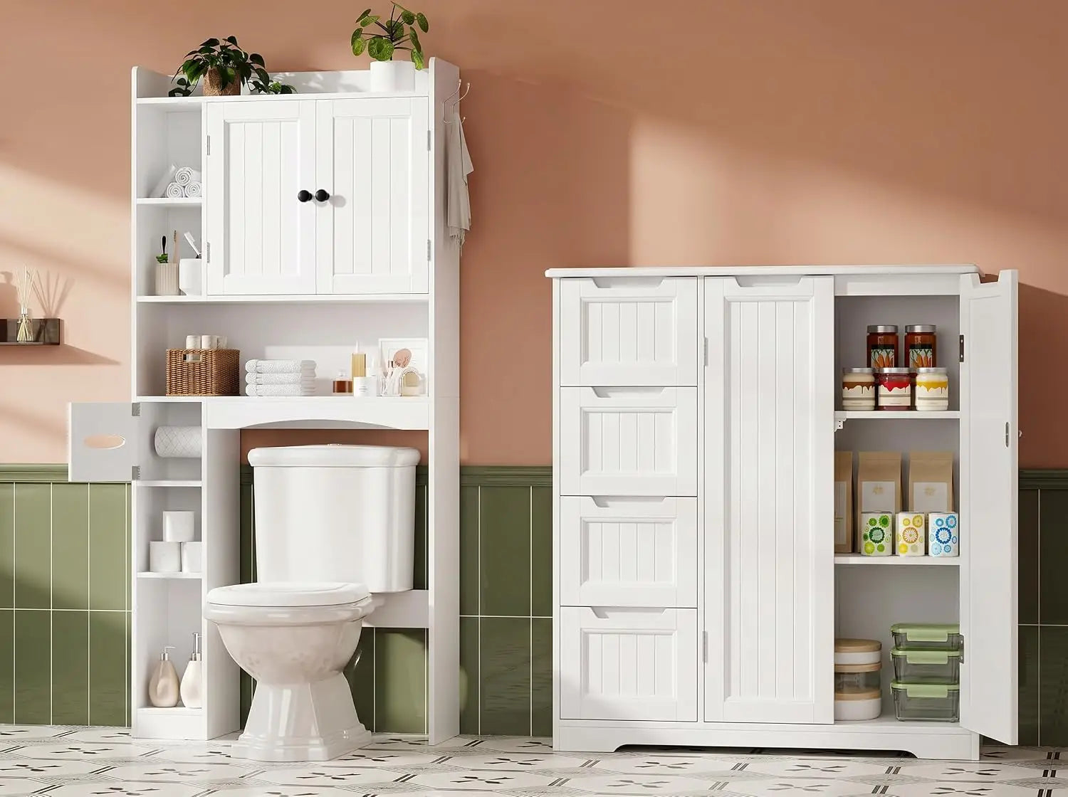 2 PCS Bathroom Storage Cabinet Sets, White Over The Toilet Storage Cabinet & Bathroom Floor Cabinet with Drawers & Doors, Wooden