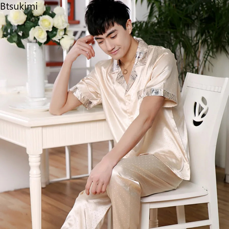 2026 Summer Men's Pajamas Sets Satin Silk Shorts Short Sleeve Two Piece Set Sleepwear Home for Men Night Wear Loungewear Male