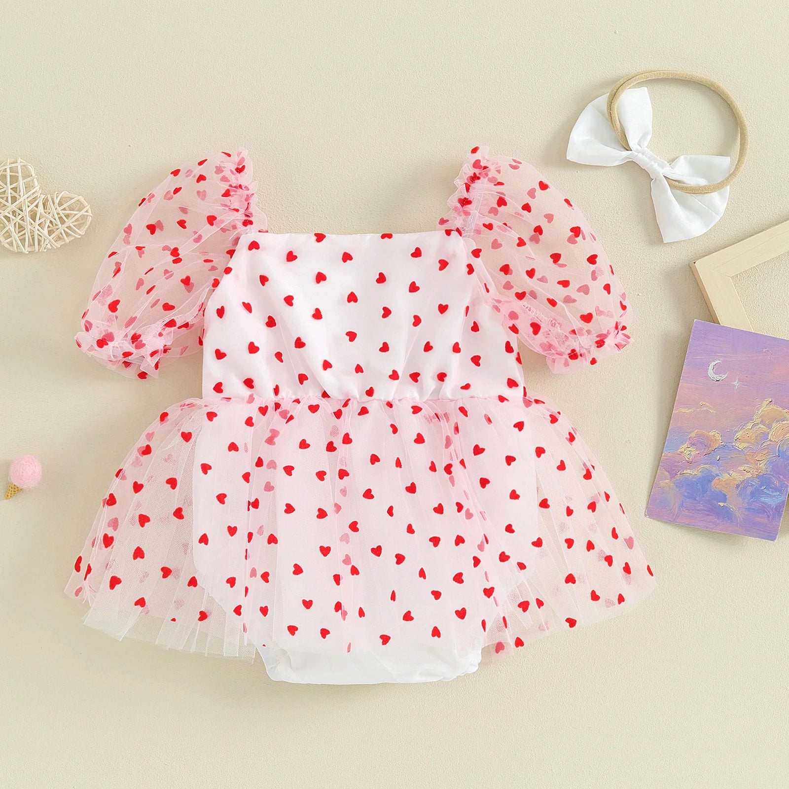 Pudcoco Newborn Infant Baby Girl Outfit, Short Sleeve Heart Print A-line Romper Dress with Bowknot Headband Clothes 0-18M