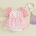 Pudcoco Newborn Infant Baby Girl Outfit, Short Sleeve Heart Print A-line Romper Dress with Bowknot Headband Clothes 0-18M