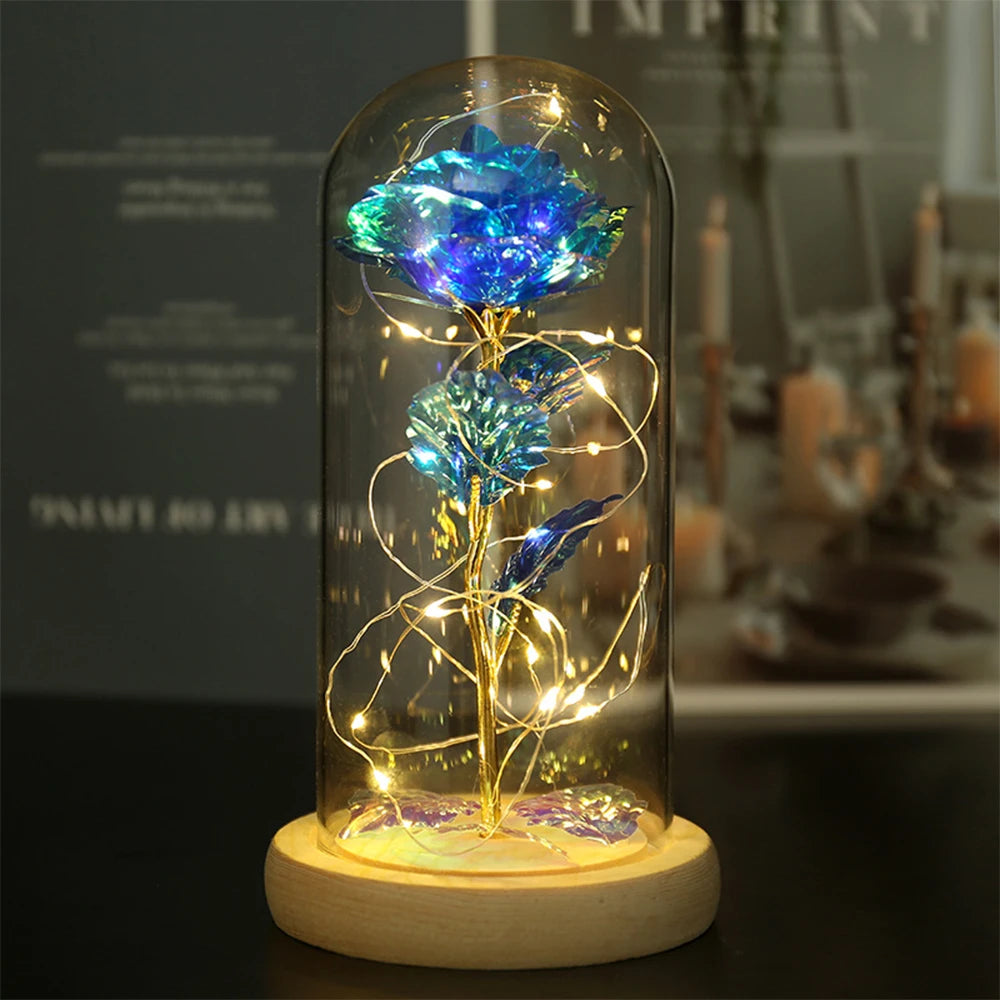 Eternal Rose Artificial flower Glass Cover Decoration LED Light Foil Flower In Glass Cover Wedding Valentine's Day Mother's Gift