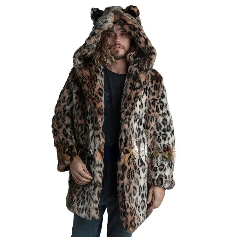 Hood Imitation Fur Fur Coat Men Leopard Mink Coats Mens New Fur Coat Mens Winter Warm Faux Fur Cardigan Tops Men