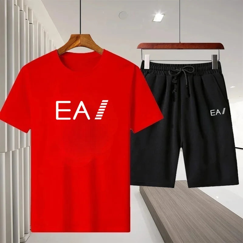 2026 Summer New Men Crew Neck Short Sleeve T-Shirt Sports Shorts 2 Piece Set Breathable Quick Dry Comfortable Casual Fitness