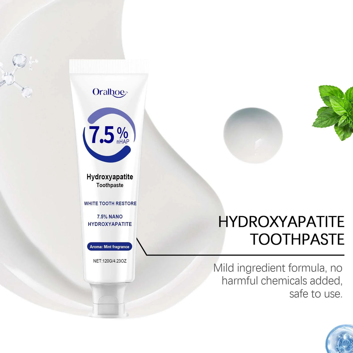 7.5% Hydroxyapatite Toothpaste for Enamel Protection, Formula with Gentle Mint, for Sensitive Teeth, Long-Lasting Fresh Breath