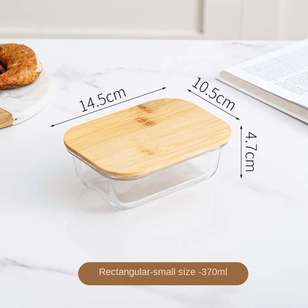 Glass Fresh-Keeping Box Heat-Resistant Bamboo Lid Microwave Oven Lunch Box Leakproof High Borosilicate Office Worker Bento Box
