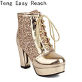 Autumn New Women Chunky High Heels Bling Party Ankle Chelsea Boots Gold Silver Red Black Big Size 34-48