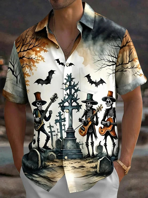 2026 New Men's Shirt Halloween Pumpkin Full Print Turn-Down Collar Short Sleeve Top Casual Streetwear Beach Vacation Men Apparel