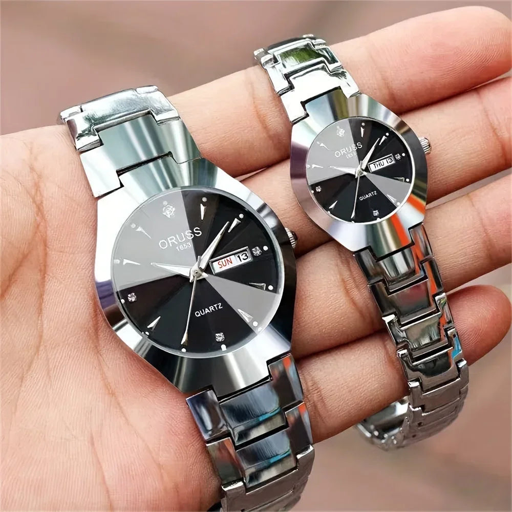 2pcs Couples Dial Cutting Quartz Watch Business Fashion Analog Calendar Wrist Watch Valentines Gift For Men Women Date Watch