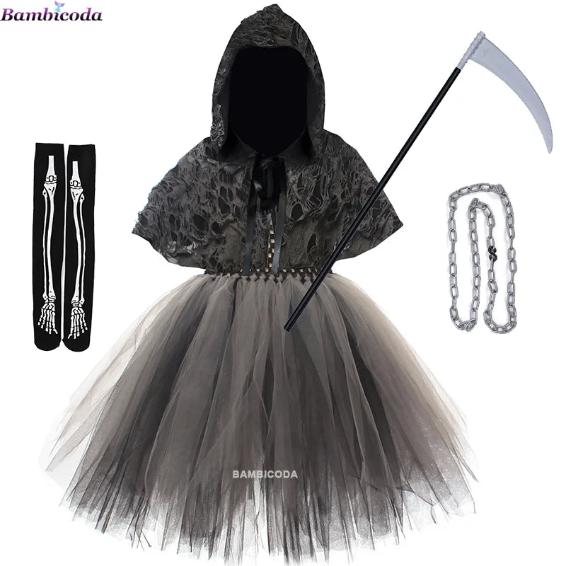 2025 Girls Demon Horror Death Halloween Costume Cosplay Fancy Dress Party Medieval Hooded Cloak Clothing Party Grim Clothes ﻿