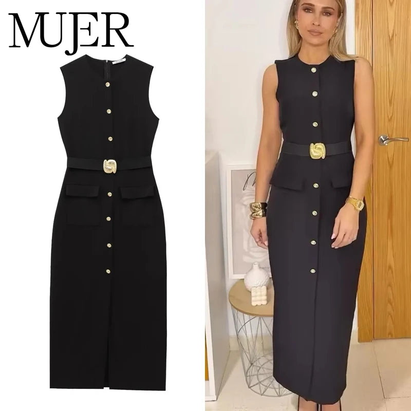WOMAN 2025 Women's Dresses Black Office Long Dresses for Women Spring Sleeveless Midi Dress Woman Belt Button Women's Dress Vest