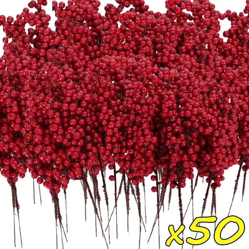 1/50PCS Christmas Artificial Red Berries Branches Xmas Tree Garland Flower Arrangement Branches Holly Berry Fake Flowers Plant