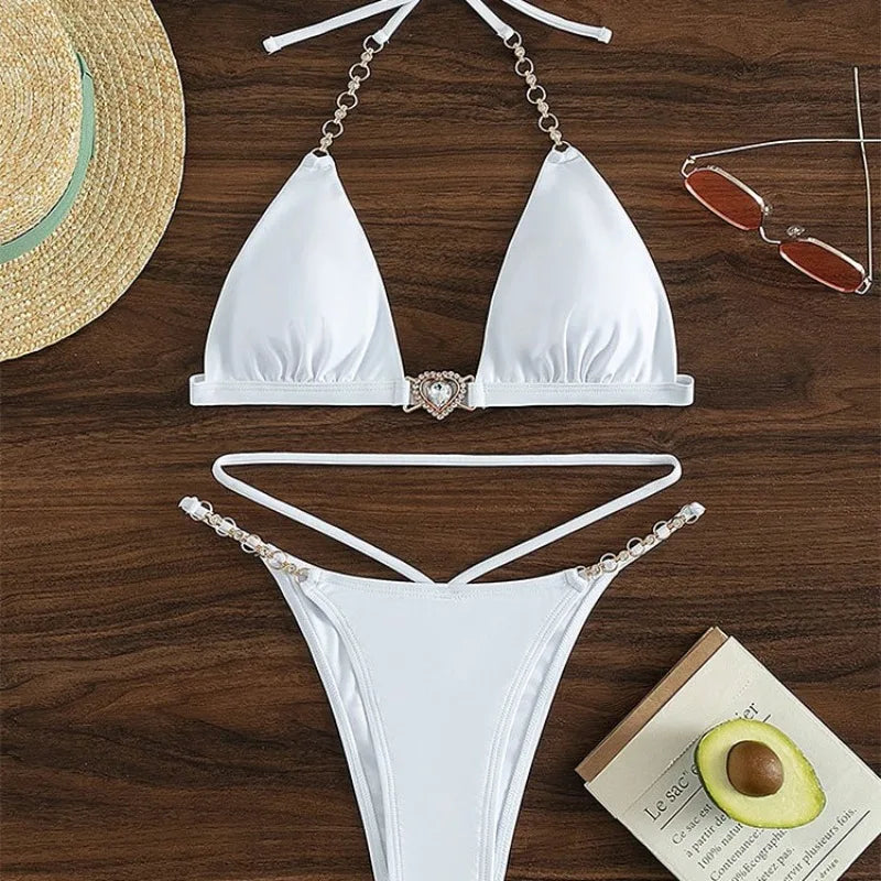 New Women's Deep V Neck Bikini Set Elegant Push Up Backless Swimsuit with Chain Straps Sexy Cute Style Summer Beachwear