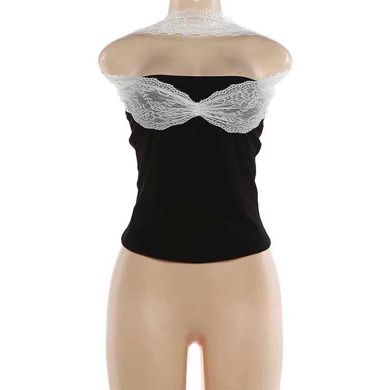 Strapless Backless Sexy Y2K Lace Crop Top Corset Women Summer Party Club Halter Sleeveless Skinny Tank Tops Beach Vacation Gift