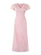 Chu Sau beauty Women New Fashion Sweet Polka Dot Print Chic Lace Patchwork V-neck Long Dress Vintage Short Sleeve Party Dresses