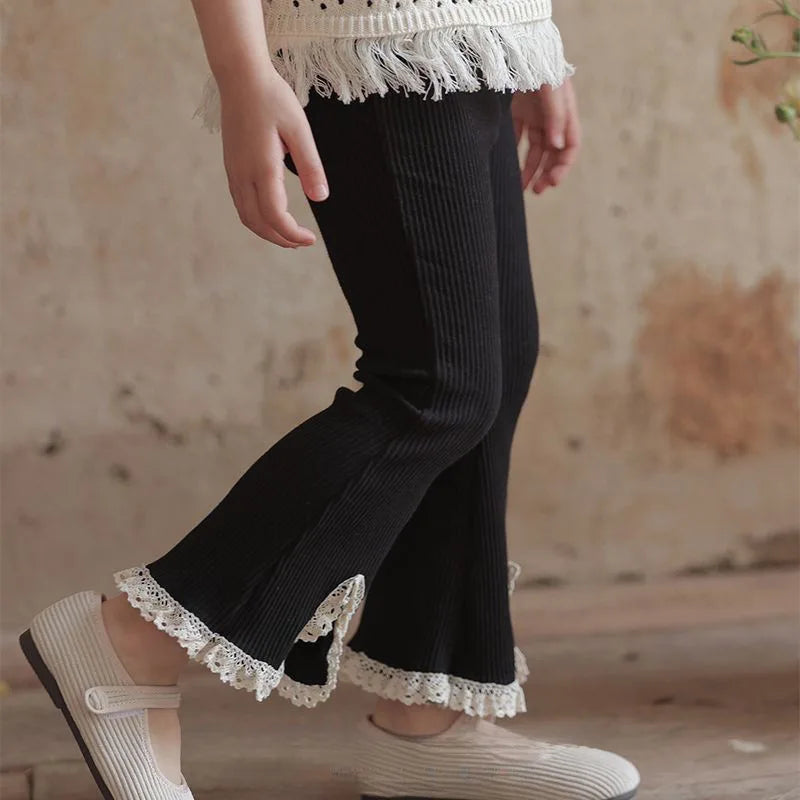 Little Girl's Flared Pants for Spring and Autumn New Fashionable Girls Clothing Korean Version Solid Color Lace Split Trousers