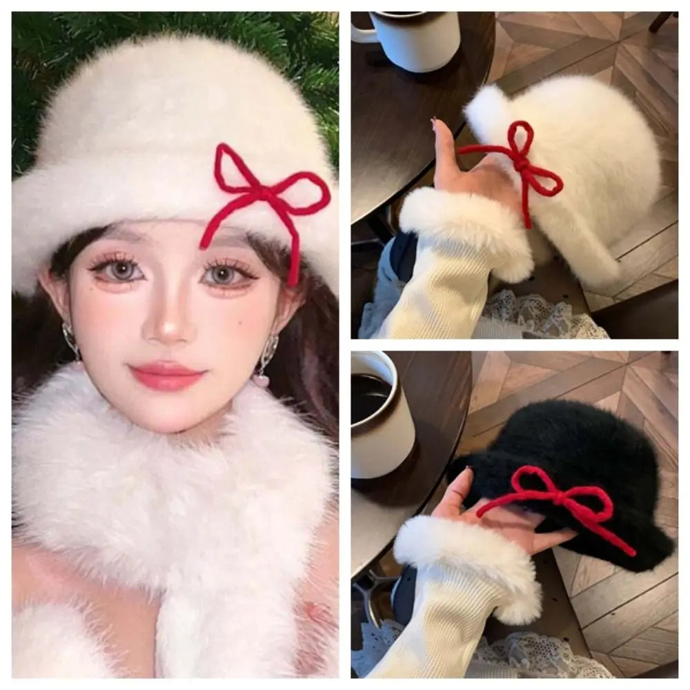 Top Hat Vintage Looking Black Bowler Hats Beret Japanese Style Woolen Bucket Cap Bow Versatile White Dome Hat Winter