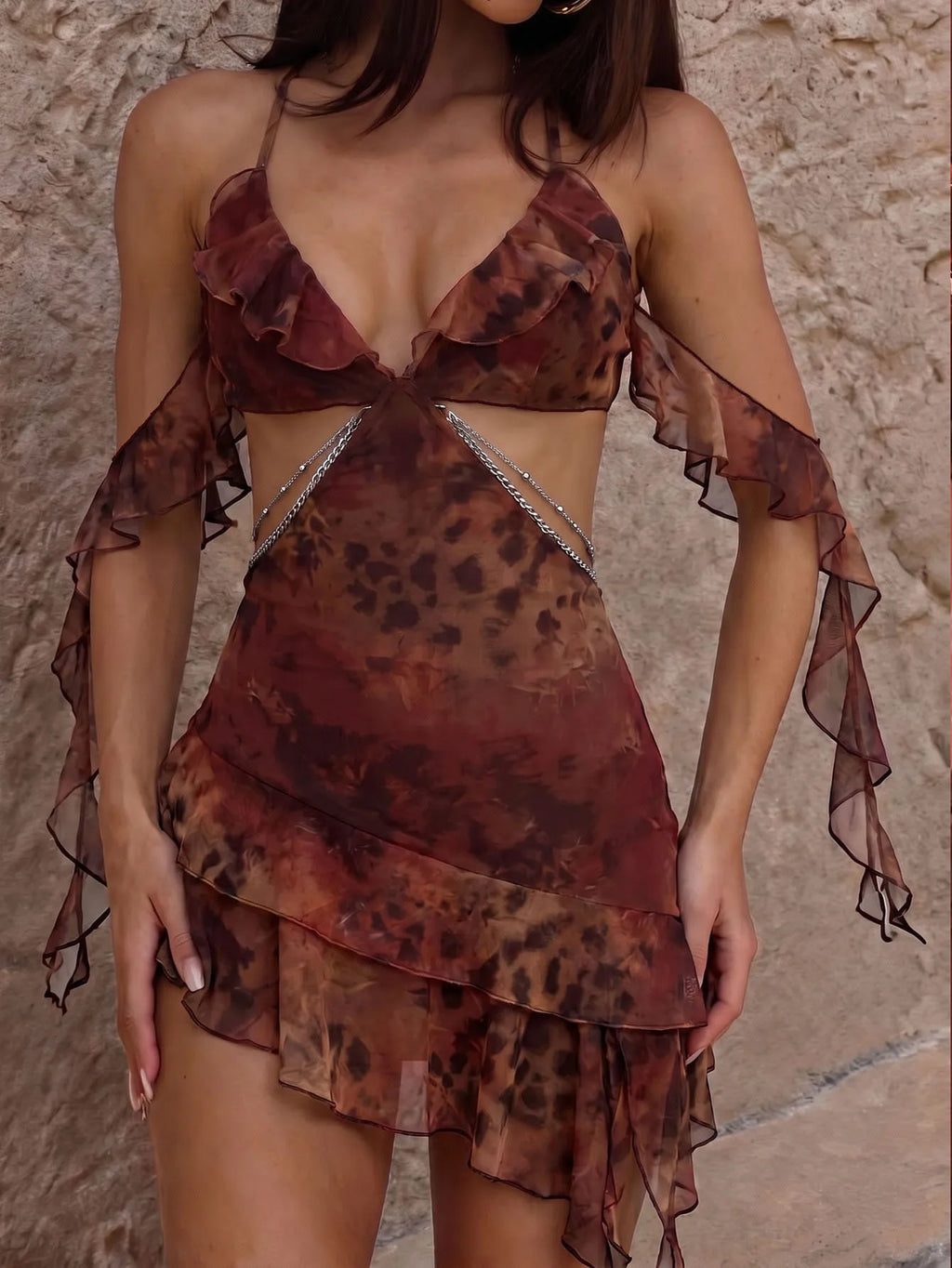 Women's Printed Knitted Mesh Strap Lace Dress, Sexy Hip Wrap and Strapless Dress