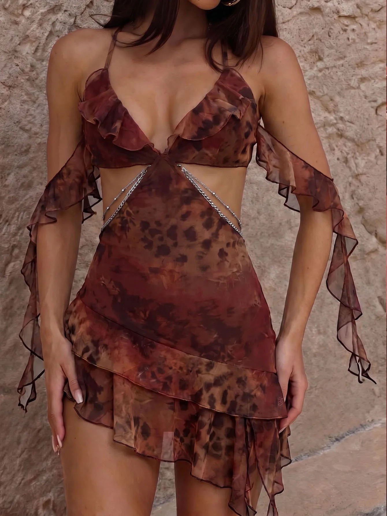Women's Printed Knitted Mesh Strap Lace Dress, Sexy Hip Wrap and Strapless Dress