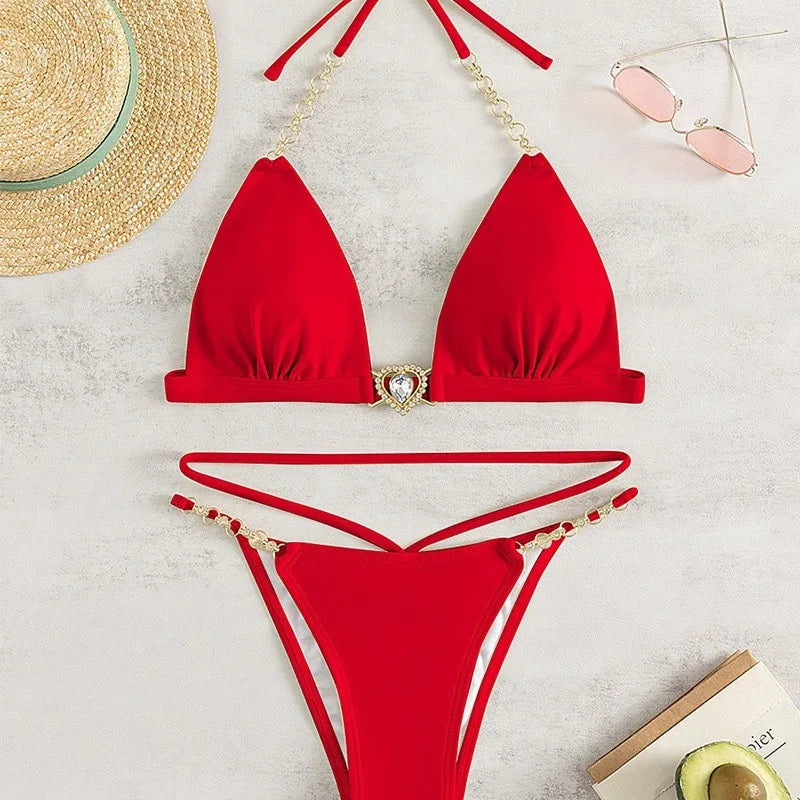 New Women's Deep V Neck Bikini Set Elegant Push Up Backless Swimsuit with Chain Straps Sexy Cute Style Summer Beachwear