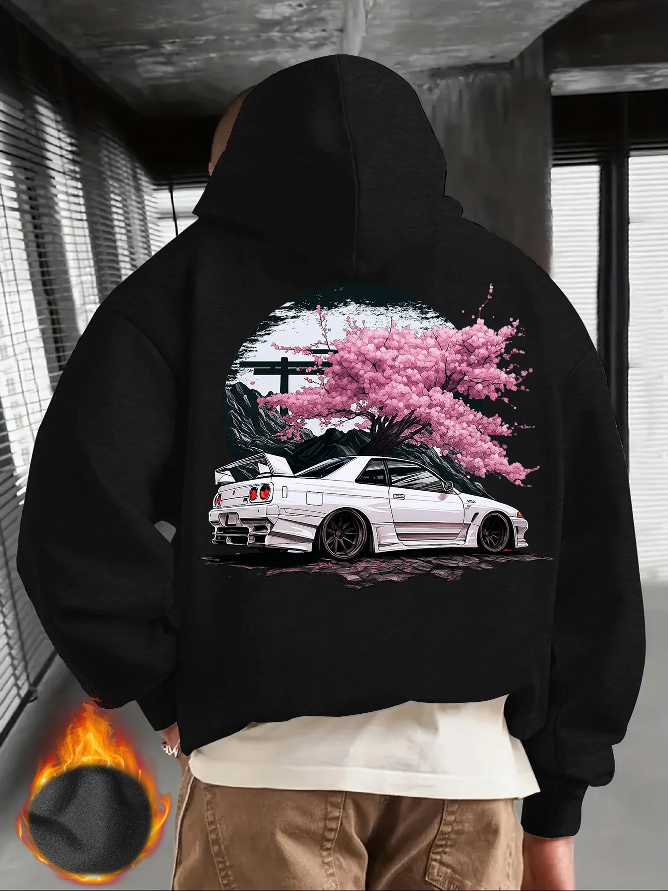 Men's Black Hoodie with White JDM Car and Pink Cherry Blossom Back Print, Japanese Street Style Pullover