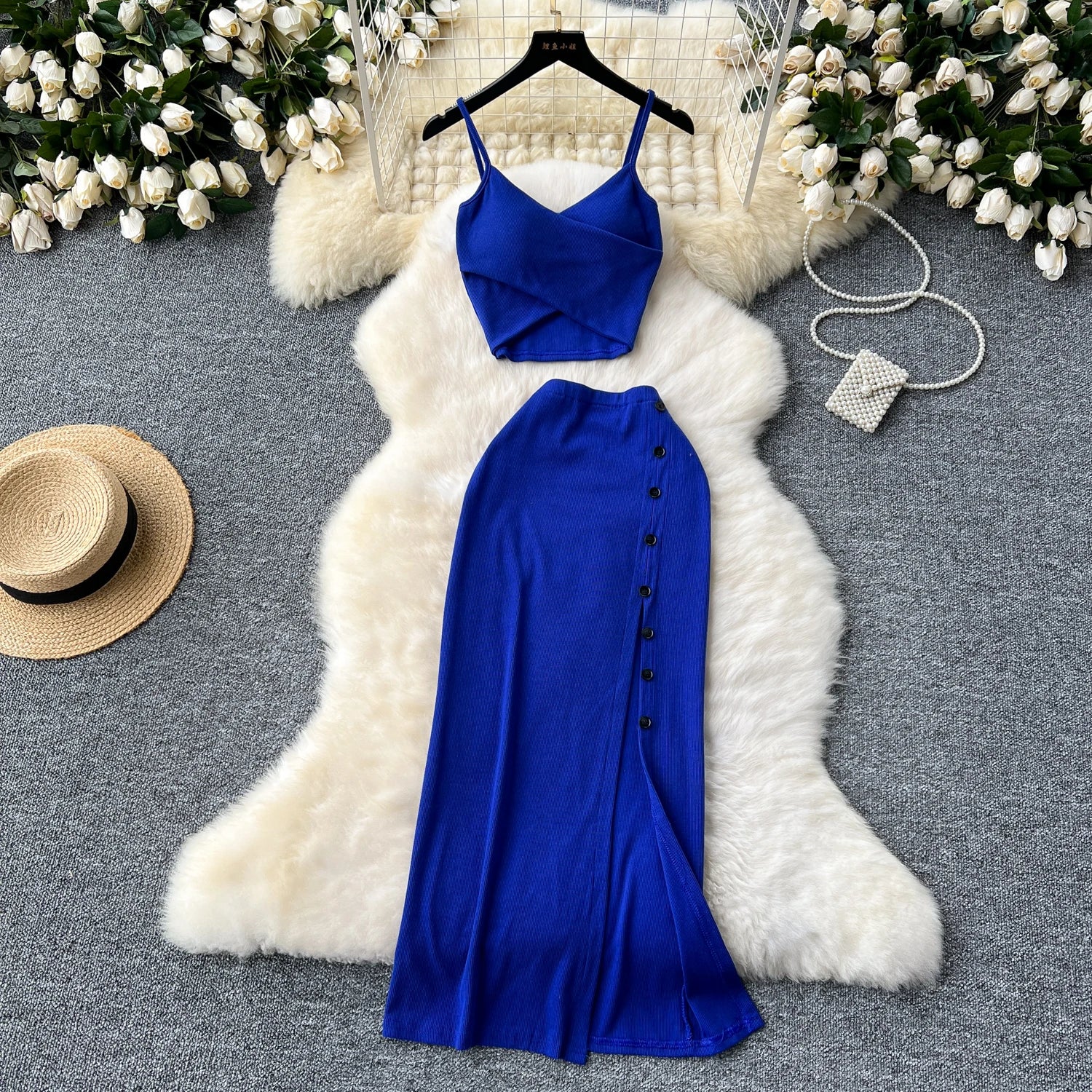 Foamlina Summer Sexy 2 Pieces Set for Women Solid V Neck Sleeveless Crop Camis Top and High Elastic Waist Split Long Skirt Suits