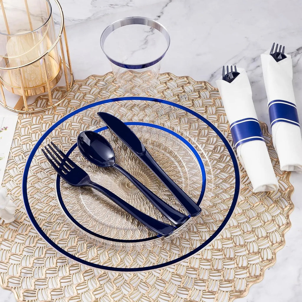 Disposable Party Dinnerware Set – 350 Pieces, Dark Blue Plastic, Includes 100 Clear Plates, 50 Pre-Rolled Napkins with Cutlery Set, 50 Cups, Serves 50 Guests, Ideal for Graduation, Birthday Celebrations