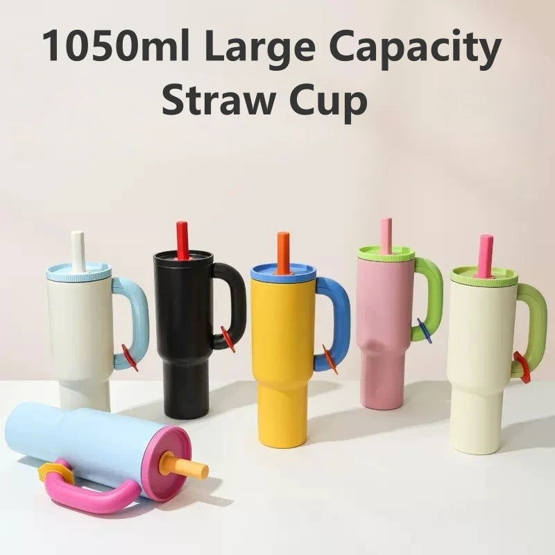 1050ml Insulated Mug with Handle and Straw Ice Cup Large Capacity Tumbler Stainless Steel Water Bottle Office Home Thermal Mug