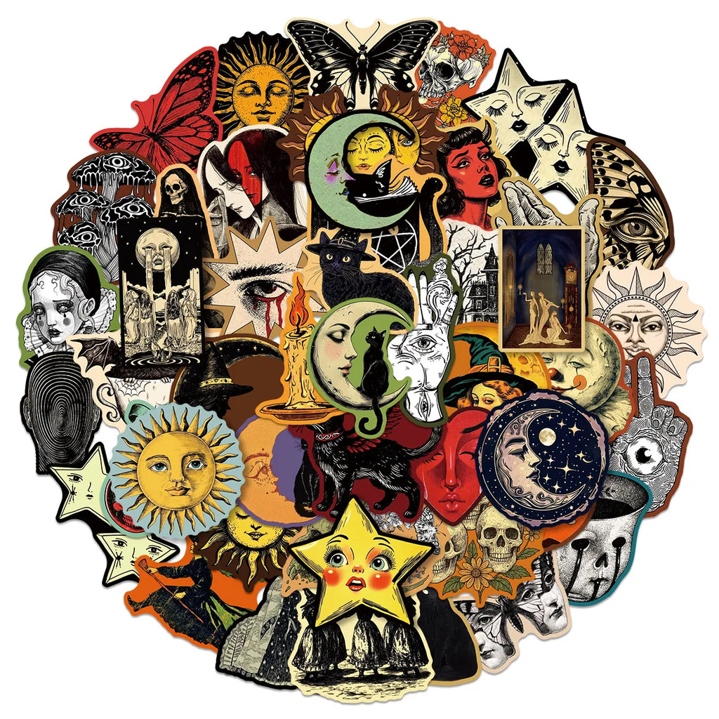 50PCS Retro Gothic Stickers Witch Moon Spooky DIY Aesthetic Stickers Phone Case Handmade Scrapbook Aesthetic Stickers