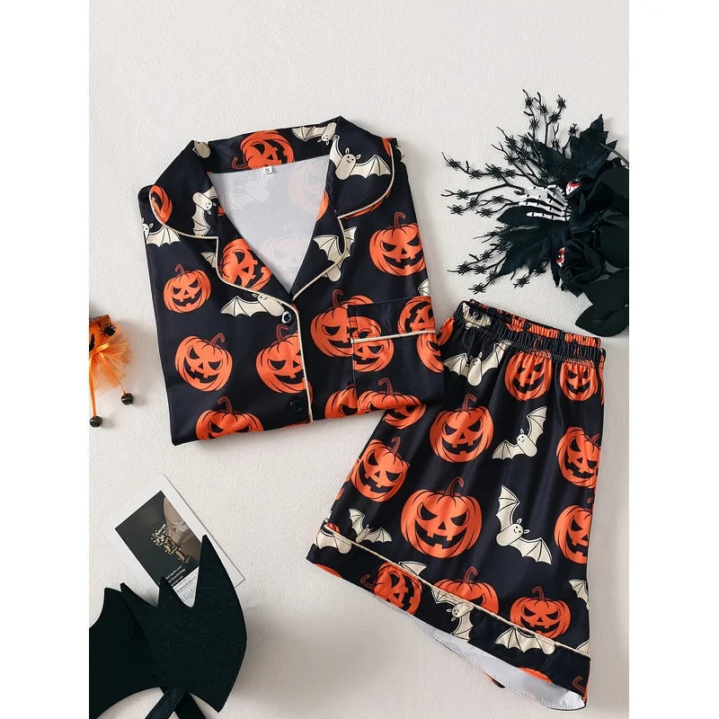 Women's Halloween Pumpkin Print Pajama Set Short Sleeve Button Up Top and Shorts Casual Sleepwear Loungewear Homewear Set