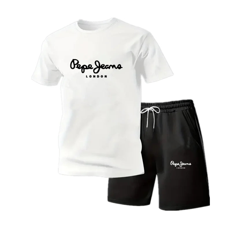 New summer fitness sportswear for men, short-sleeved T-shirt and shorts two-piece set, breathable and quick-drying casual wear.