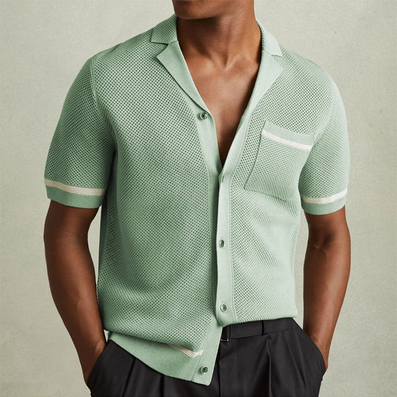 Vintage Mens Striped Shirts Knitting Hollow Out Short Sleeve Lapel Buttoned Cardigan Tops Men Summer Fashion Pocket Knit Shirt