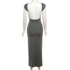 Elegant Women Dress Basic Short Sleeve Sexy Backless Slim Fit Summer Casual Vintage Gothic Streetwear Long Dress
