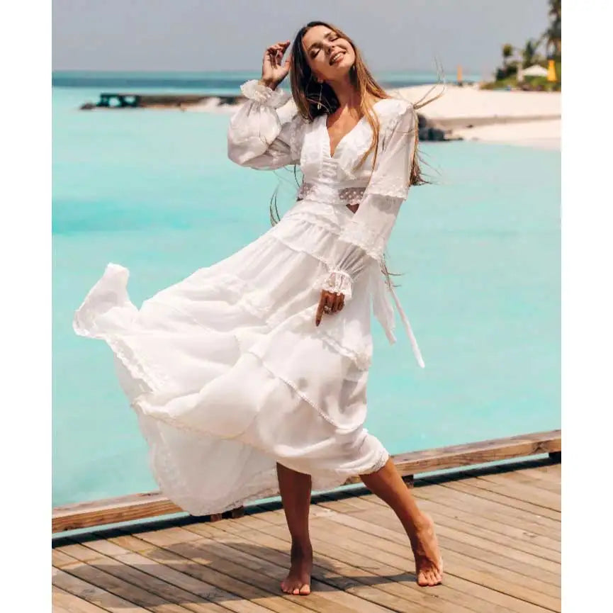 Super Chic White Sexy hollow out dress women backless lace up embroidery party dress dress summer beach holiday dresses