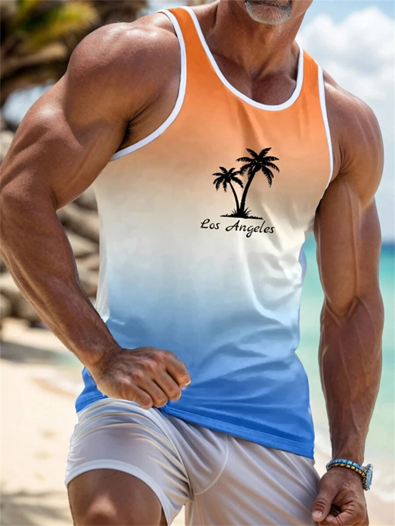 New Summer Casual Men's Sleeveless T-shirt Hawaiian Style Men's Fashion Crew Neck Tank Top Outdoor Beach Men's Tank Top clothes