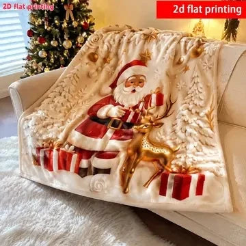 Santa Reindeer Christmas Blanket, 2D Flat Print Flannel Throw for Holiday Home Decoration