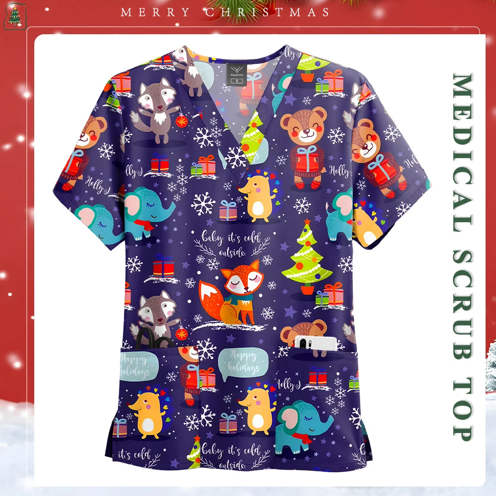Women Men Christmas Scrubs Top Short Sleeve Pockets Surgery Blouse V-neck Medical Clothes Unisex Spa Dental Vet Surgical Uniform