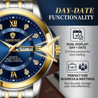 4pcs Men's Blue Gold Two-tone Stainless Steel Classic Diamond Accents Date Day Sunglasses Perfume Quartz Watch Gift Box Set