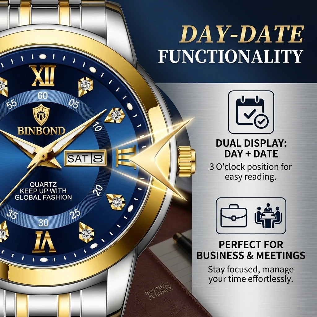4pcs Men's Blue Gold Two-tone Stainless Steel Classic Diamond Accents Date Day Sunglasses Perfume Quartz Watch Gift Box Set