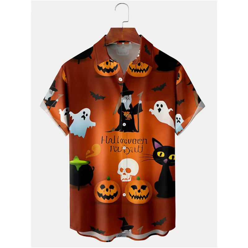 Pumpkin Bat Graphic Hawaiian Shirt For Men Women Halloween 3D Printed Aloha Shirts Summer Casual Short Sleeve Blouse Lapel Tops