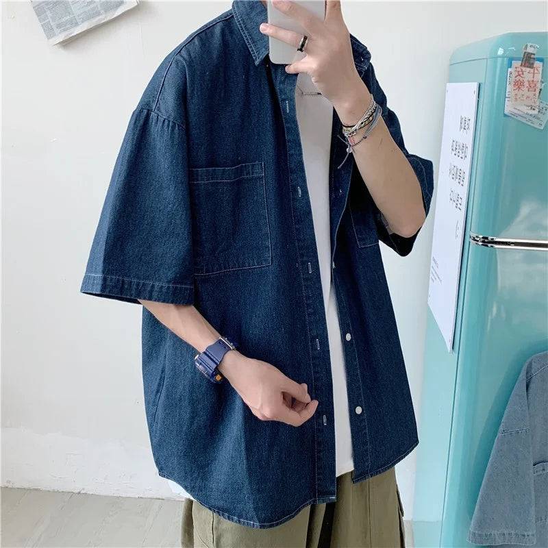 Short Sleeve Jacket Shirt Men's Trendy Brand INS Five Sleeve Casual Versatile Half Sleeve Trendy BF College Style Denim Shirt