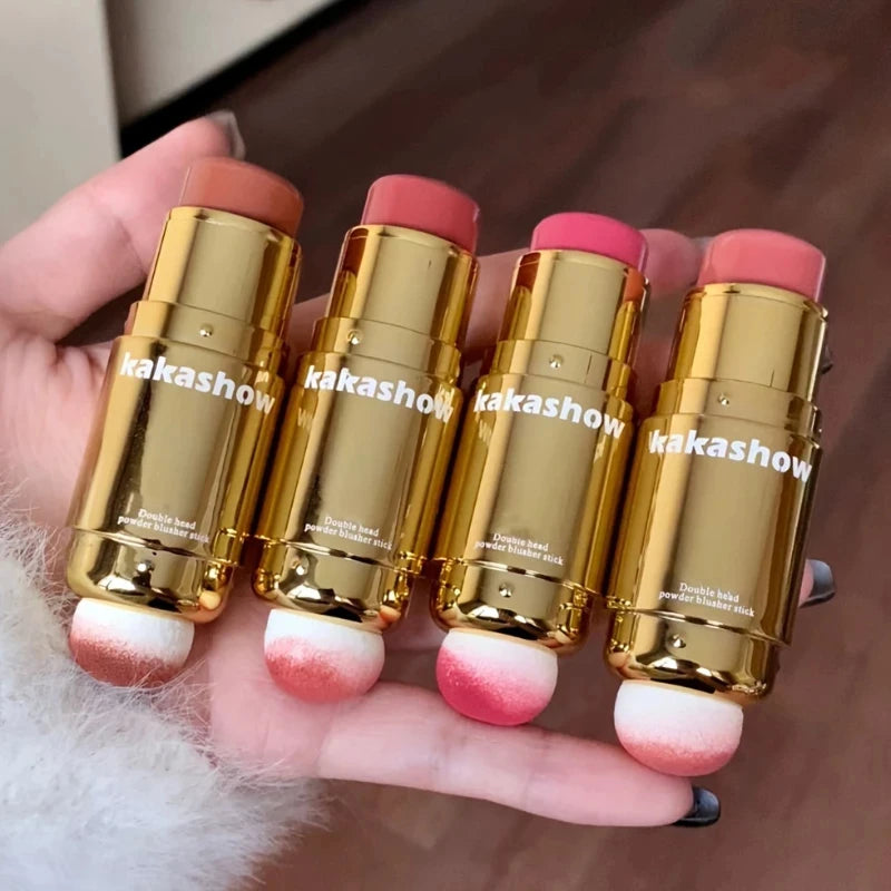 Double Head Powder Blusher Stick, Multi-use Cream Blush Stick with Sponge Tip, Long-lasting Natural Cheek Tint, Portable Makeup