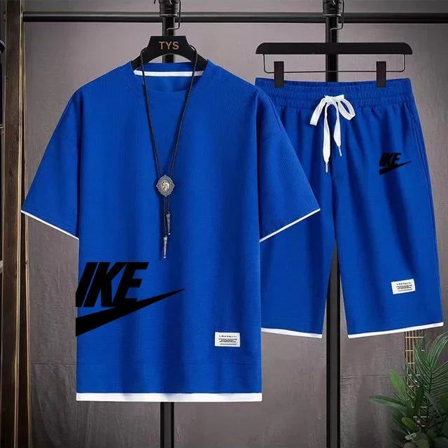 Summer fashion short-sleeved T-shirt + sports shorts set, men's casual jogging and fitness sportswear breathable two-piece set